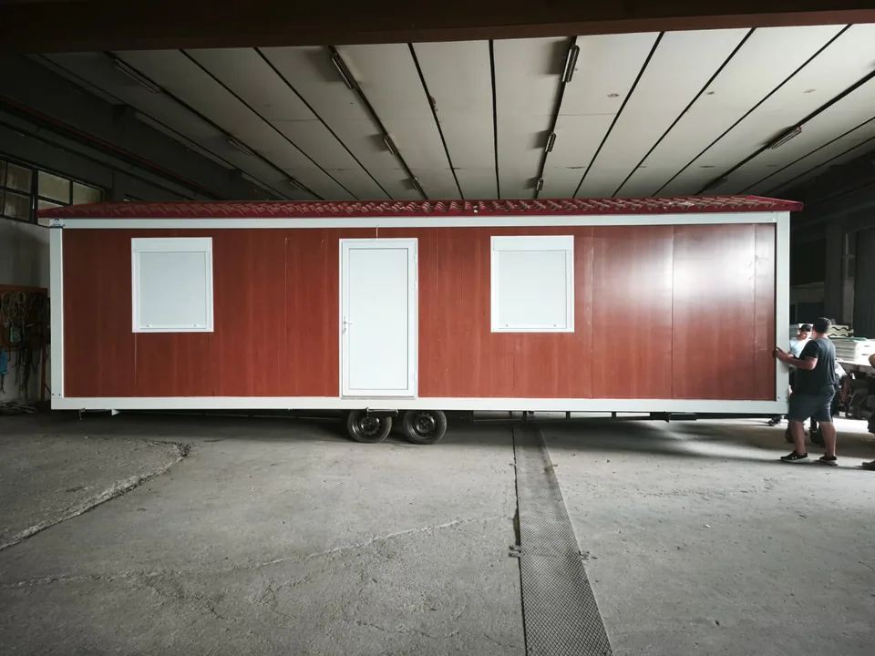 Wood-look mobile home inside the NIKITAS factory in Provatas, Serres
