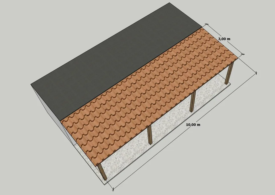 3D study of a pergola with a tiled roof