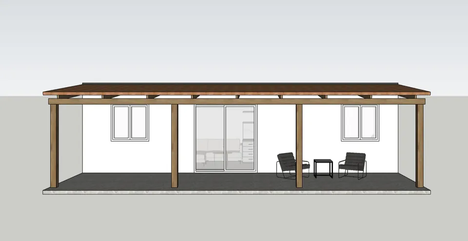 Elevation drawing of a pergola in front of the unit
