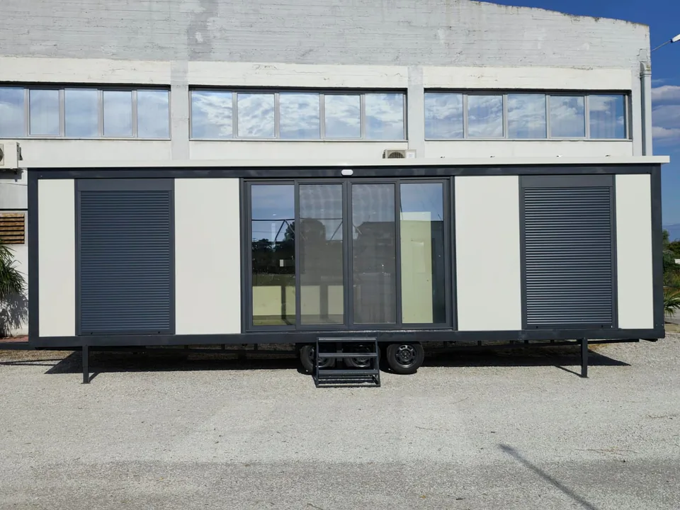 Modern Line in front of the factory, with the entrance steps in place