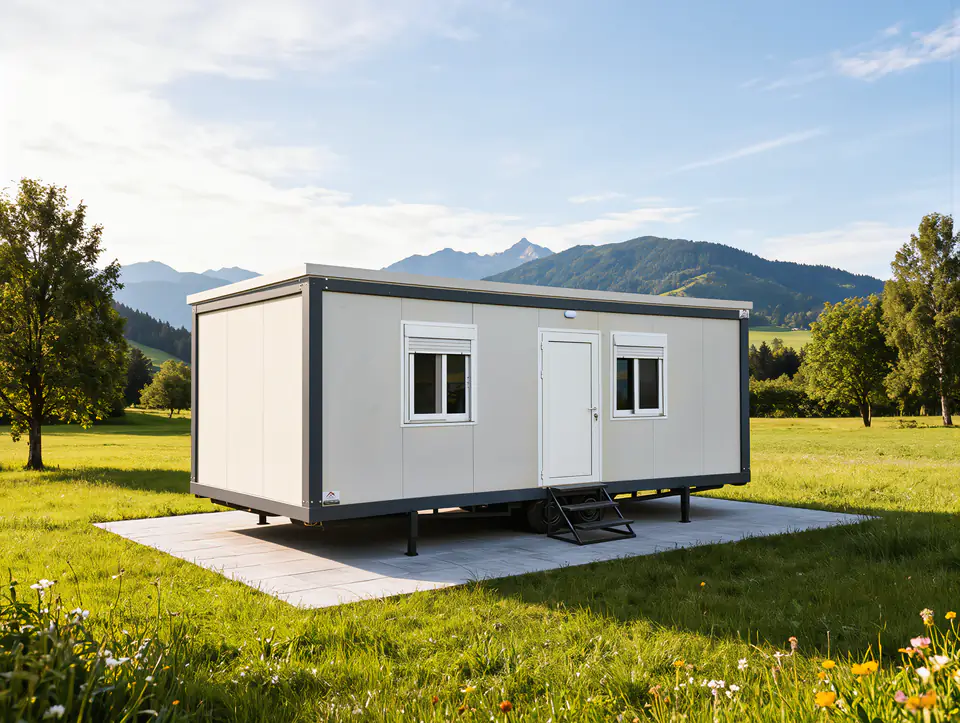 White Classic Line mobile home with a door and two windows, in a green meadow