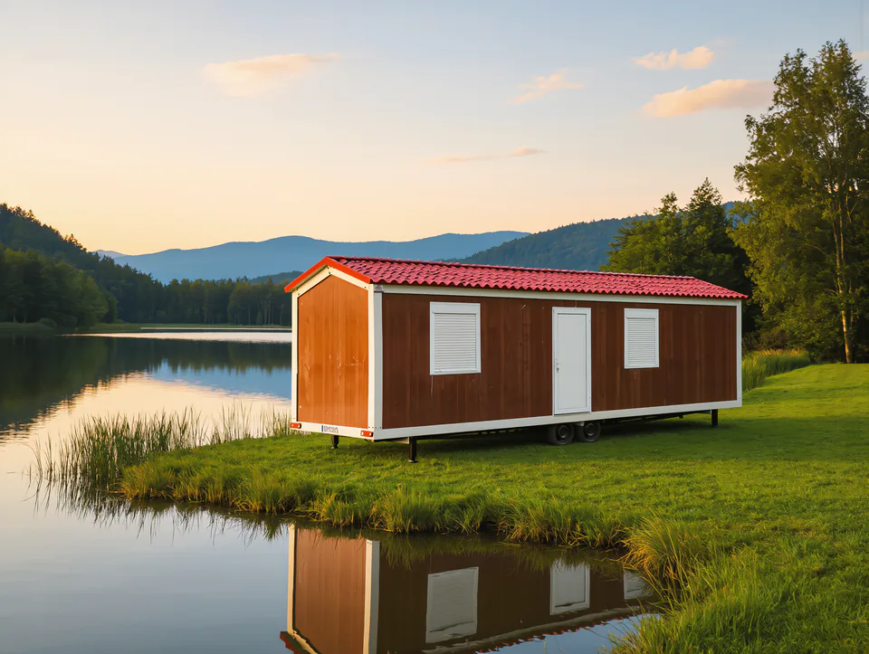 Wood-look mobile home with a tiled roof on a lakeshore with mountains