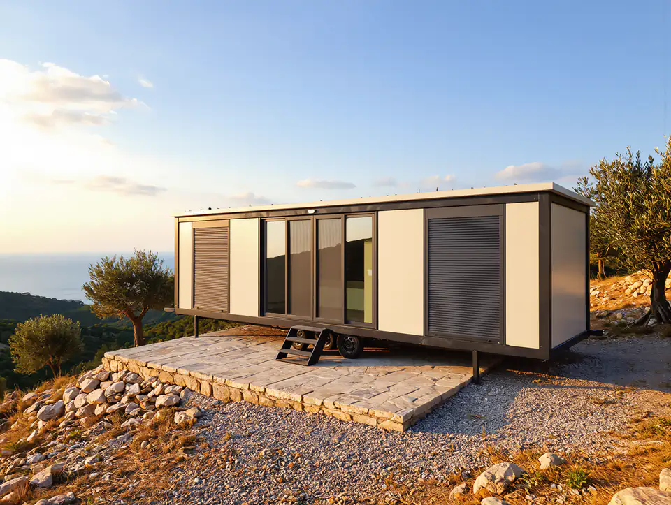 Modern Line mobile home with an anthracite frame and sliding glass doors, on a hillside with olive trees